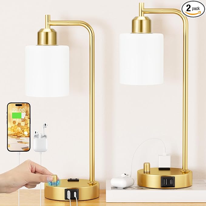 Innqoo Industrial Table Lamps for Bedroom Set of 2 - Fully Dimmable Bedside Lamps with USB Ports and Outlet, Gold Nightstand Lamps with Opal Glass Shade for Living Room, Desk Lamps for Office Reading - LeafyLoom