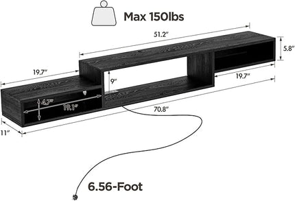 Floating TV Stand Wall Mounted with Power Outlet 70", Floating Entertainment Center, Wood Media Console Shelf for Under TV Storage for Living Room Bedroom Office, Black - LeafyLoom