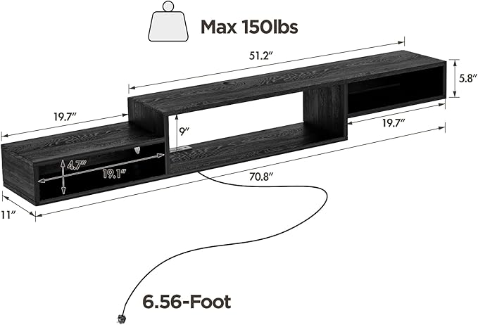 Floating TV Stand Wall Mounted with Power Outlet 70", Floating Entertainment Center, Wood Media Console Shelf for Under TV Storage for Living Room Bedroom Office, Black - LeafyLoom