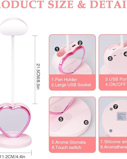 LED Desk Lamp, Cute Pink Desk Lamp with USB Charging Port/Pen Holder and Phone Stand, Touch Control Reading Lamp with 2 Color Modes,Eye-Caring Study Table Lamp for Kids Girls College Dorm Bedroom - LeafyLoom