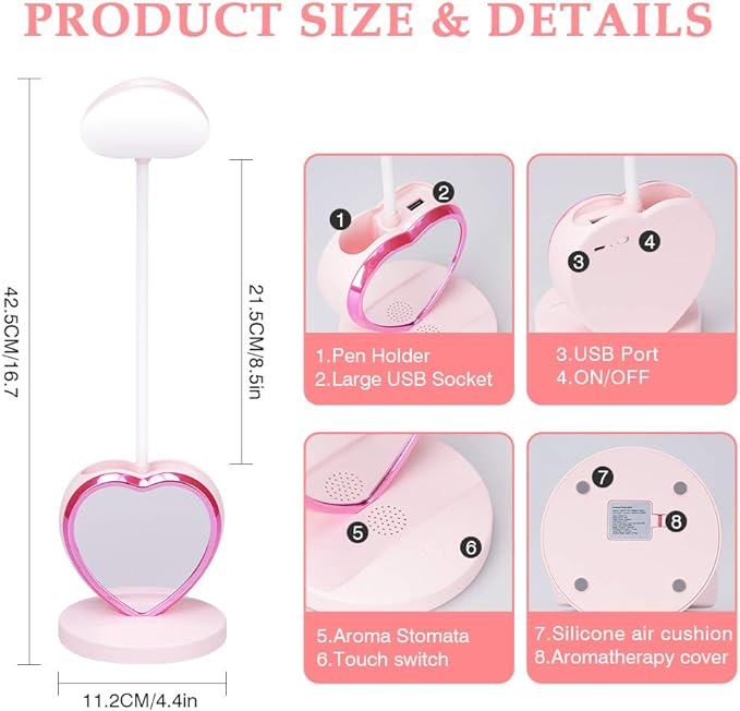 LED Desk Lamp, Cute Pink Desk Lamp with USB Charging Port/Pen Holder and Phone Stand, Touch Control Reading Lamp with 2 Color Modes,Eye-Caring Study Table Lamp for Kids Girls College Dorm Bedroom - LeafyLoom