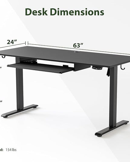 Height Adjustable Desk with Keyboard Tray, 63 x 24 Inches Electric Standing Desk, Stand up Computer Table with Memory Preset, Gaming Modern Lift Motorized Gaming Workstation, Black - LeafyLoom