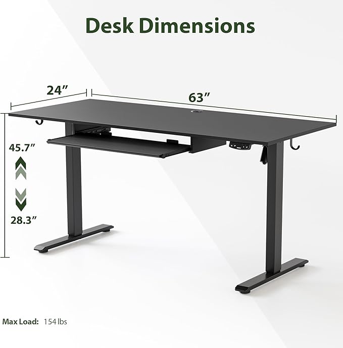 Height Adjustable Desk with Keyboard Tray, 63 x 24 Inches Electric Standing Desk, Stand up Computer Table with Memory Preset, Gaming Modern Lift Motorized Gaming Workstation, Black - LeafyLoom
