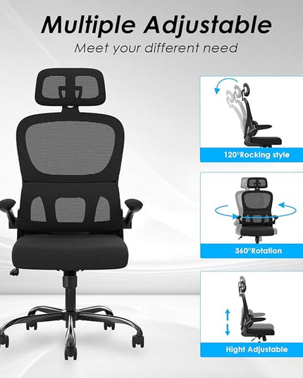 Soohow Ergonomic Home Office Chair, Mesh Desk Chair with Lumbar Support, Comfy Computer Desk Chair with Flip Armrest Rolling Wheels, Adjustable Headrest, Black. - LeafyLoom