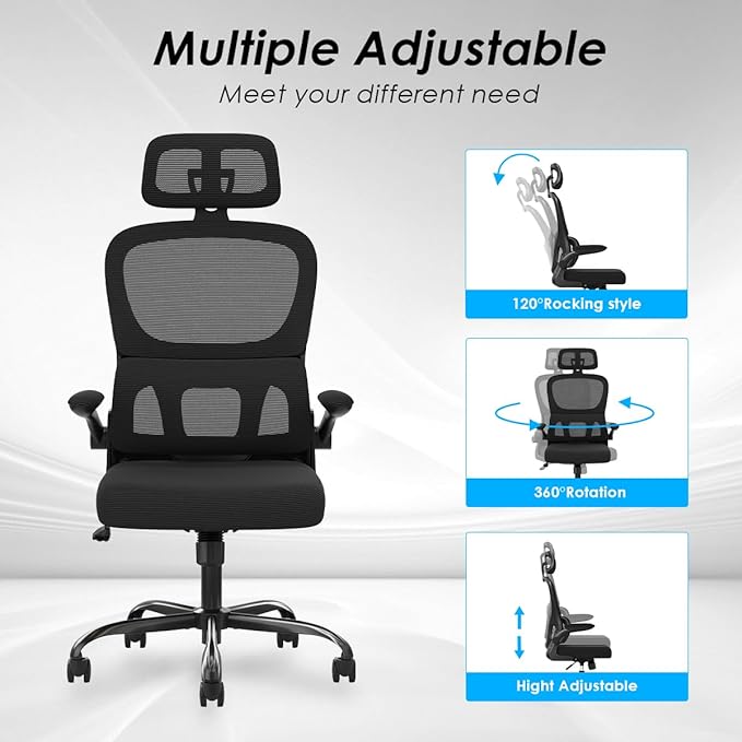 Soohow Ergonomic Home Office Chair, Mesh Desk Chair with Lumbar Support, Comfy Computer Desk Chair with Flip Armrest Rolling Wheels, Adjustable Headrest, Black. - LeafyLoom