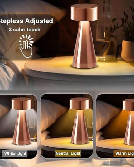 Portable Metal Desk Lamp, Cordless LED Table Lamp,3 Color Touch Control Rechargeable Lamp,3-Levels Brightness Room Decor Desk Lamp,Bedside Lamp,Night Light, Dining Room Lamp (Rose Gold) - LeafyLoom