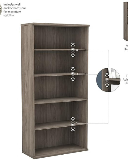 Bush Business Furniture Studio C 73"H 5-Shelf Bookcase with Adjustable Shelves, Modern Hickory Laminated Wood (SCB136MH) - LeafyLoom