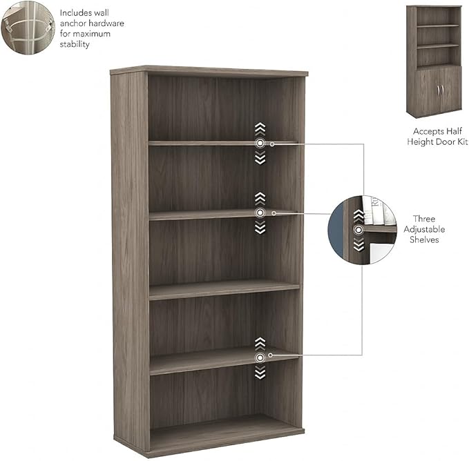 Bush Business Furniture Studio C 73"H 5-Shelf Bookcase with Adjustable Shelves, Modern Hickory Laminated Wood (SCB136MH) - LeafyLoom