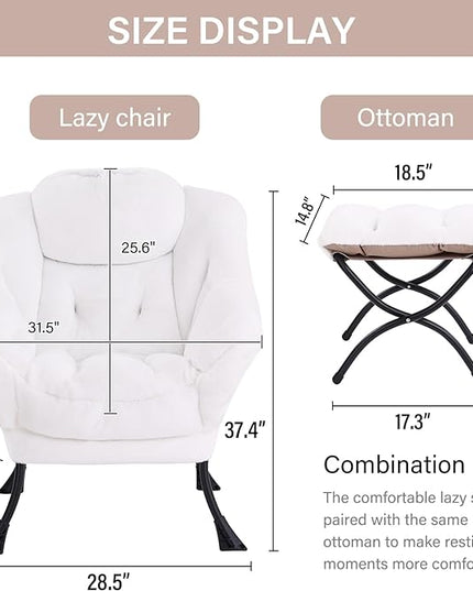 LITA Lazy Chair with Ottoman, Modern Accent Leisure Upholstered Sofa Chair, Lounge Reading Chair with Armrests and a Side Pocket for Living Room, Bedroom & Small Space, Plush White - LeafyLoom