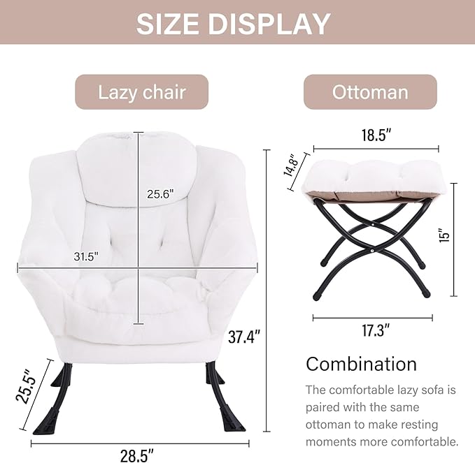 LITA Lazy Chair with Ottoman, Modern Accent Leisure Upholstered Sofa Chair, Lounge Reading Chair with Armrests and a Side Pocket for Living Room, Bedroom & Small Space, Plush White - LeafyLoom