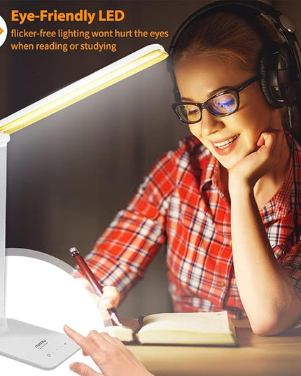Miady LED Desk Lamp Eye-Caring Table Lamp, 3 Color Modes with 4 Levels of Brightness, Dimmable Office Lamp with Adapter, Touch Control Sensitive(White Aluminum) - LeafyLoom