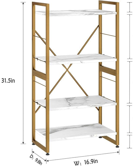 4 Tiers Bookshelf Adjustable White Faux Marble Organizer, Modern Small Bookcase for Small Space,Industrial Wooden Storage Display Rack and Storage Organizer for Living Room Home Office(Glod) - LeafyLoom