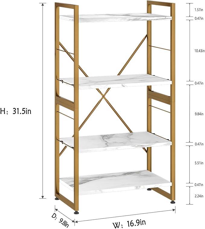 4 Tiers Bookshelf Adjustable White Faux Marble Organizer, Modern Small Bookcase for Small Space,Industrial Wooden Storage Display Rack and Storage Organizer for Living Room Home Office(Glod) - LeafyLoom