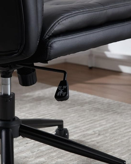 Armless Office Chair with Wheels Wide Desk Chair Leather Mid Back Accent Chair Padded Swivel Vanity Chair for Girl Women Computer Task Chair for Home Office (Leather, Black) - LeafyLoom