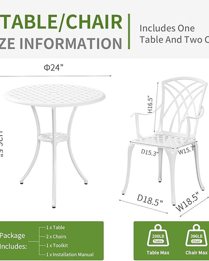 White Bistro Table and Chairs Set of 2, Cast Aluminum White Bistro Set Outdoor, Patio Bistro Sets with Umbrella Hole, Round Back Yard Set for Porch Balcony Garden - LeafyLoom
