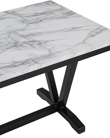 6-Piece Dining Table Rectangular Marbled Veneers Tabletop, V-Shaped Legs, 4 Chairs, 1 Bench with Padded Cushion-Ideal Living Room Furniture Set, White - LeafyLoom