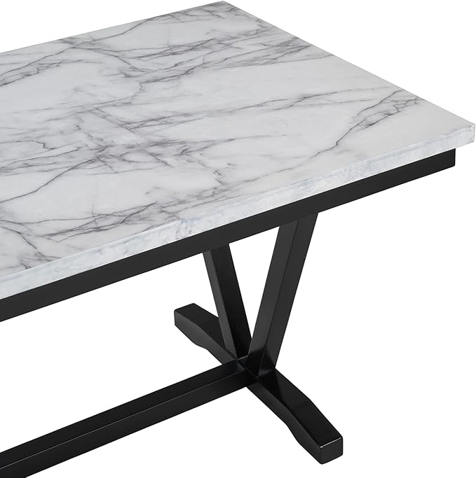 6-Piece Dining Table Rectangular Marbled Veneers Tabletop, V-Shaped Legs, 4 Chairs, 1 Bench with Padded Cushion-Ideal Living Room Furniture Set, White - LeafyLoom