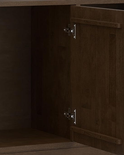 SIMPLIHOME Harper Solid Hardwood and Rubberwood 60 inch x 17 inch Rectangle Mid Century Modern 3 Door Sideboard Buffet/Storage Cabinet in Walnut Brown for The Dining Room and Kitchen - LeafyLoom