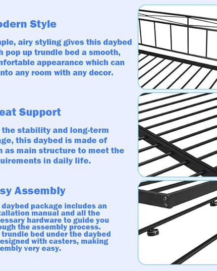 Full Daybed with Trundle Bed Twin, Metal Day Bed Frame with Pop Up Trundle, Metal Sofa Bed with Portable Folding Trundle for Bedroom, Living Room, Guest Room, Home, No Box Spring Needed, Black - LeafyLoom