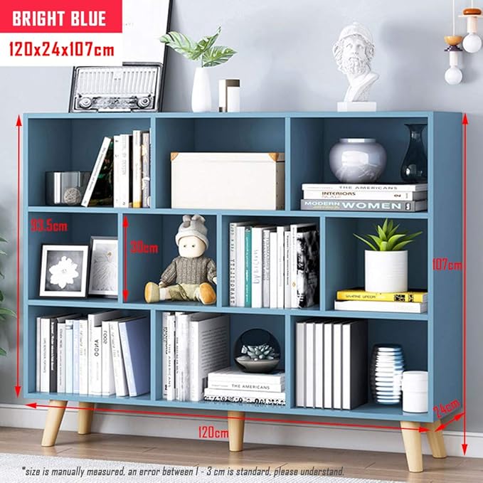 IOTXY Wooden Open Shelf Bookcase - 3-Tier Floor Standing Display Cabinet Rack with Legs, 10 Cubes Bookshelf, Bright Blue - LeafyLoom