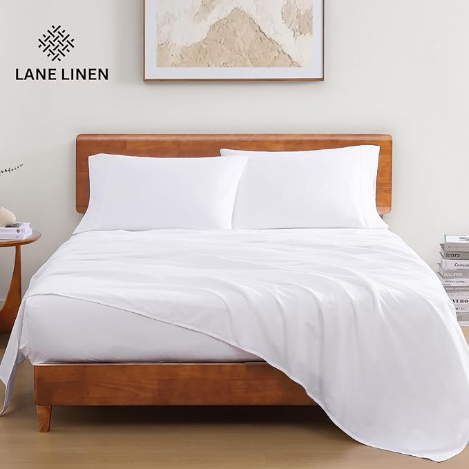 LANE LINEN 100% Organic Cotton Twin Sheets Set, 3Pc Twin Bed Sheets, Breathable Cotton Sheets Twin size Bed Set, Dorm Room Essentials with 15" Twin Deep Pocket Fitted Sheet - White Sheets - LeafyLoom