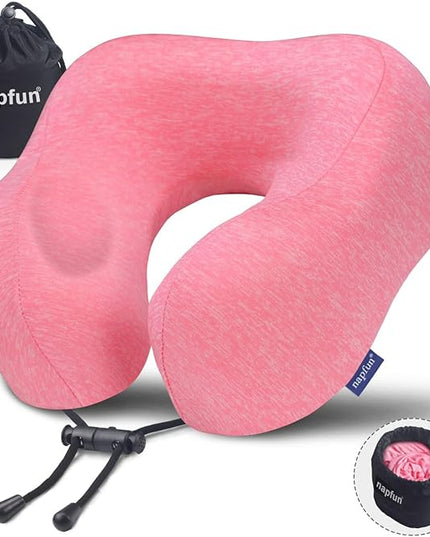 napfun Neck Pillow for Traveling, Upgraded Travel Neck Pillow for Airplane 100% Pure Memory Foam Travel Pillow for Flight Headrest Sleep, Portable Plane Accessories, Rose - LeafyLoom