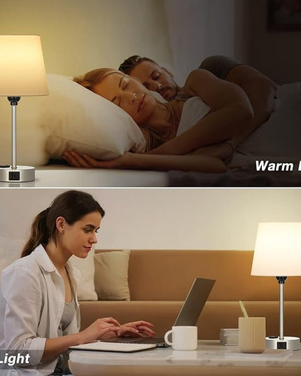 Table Lamps for Bedrooms Set of 2 Bedside - Nightstand with USB C Port and AC Outlet Charging, Dimmable Touch Small White End Side Lamp Light for Kid/Guest Room/Living Room - LeafyLoom