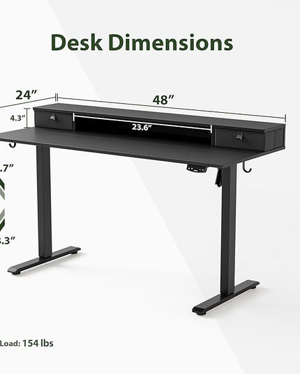 48 x 24 Inches Electric Standing Desk with 2 Storage Drawers, Stand Up Desk Adjustable Height, Sit and Stand Computer Table with Splice Board, Black - LeafyLoom