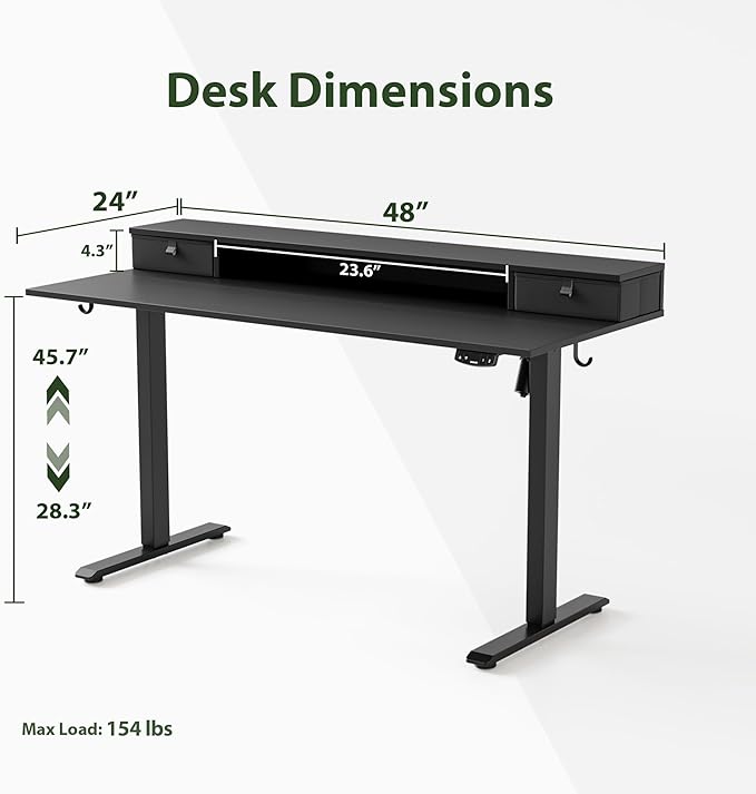 48 x 24 Inches Electric Standing Desk with 2 Storage Drawers, Stand Up Desk Adjustable Height, Sit and Stand Computer Table with Splice Board, Black - LeafyLoom
