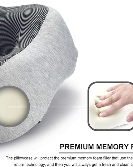napfun Neck Pillow for Traveling, Travel Neck Pillow for Airplane 100% Pure Memory Foam Travel Pillow for Flight Headrest Sleep, Portable Plane Accessories, Light Grey Set - LeafyLoom