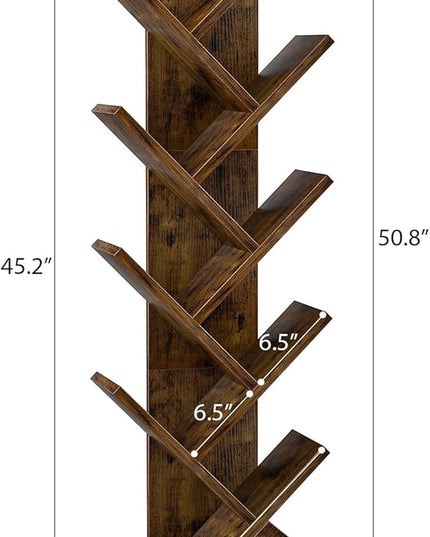 Topfurny Tree Bookshelf, 9-Tier Shelf Rustic Brown Bookcase, Retro Wood Storage Rack for CDs/Movies/Books, Anti-Fall Utility Organizer Shelves for Living Room, Bedroom, Home Office, Rustic - LeafyLoom