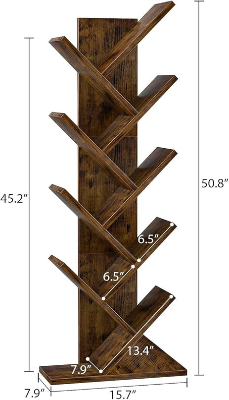 Topfurny Tree Bookshelf, 9-Tier Shelf Rustic Brown Bookcase, Retro Wood Storage Rack for CDs/Movies/Books, Anti-Fall Utility Organizer Shelves for Living Room, Bedroom, Home Office, Rustic - LeafyLoom