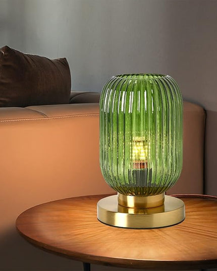 Glass Table Lamps Mid Century Modern Globe Table lamp Gold Desk lamp nightstand lamp with Green Pumpkin Design Ribbed Glass Bedside Table Lamp for Bedroom Living Room Office - LeafyLoom