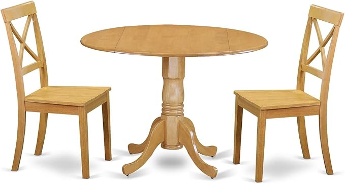 East West Furniture DLBO3-OAK-W 3 Piece Dining Set Contains a Round Dining Room Table with Dropleaf and 2 Wood Seat Chairs, 42x42 Inch, Oak - LeafyLoom