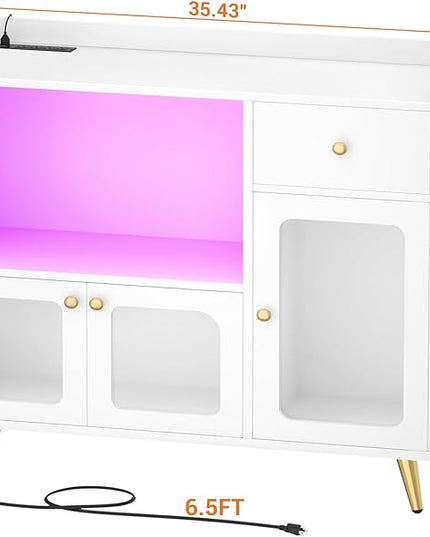Cyclysio Sideboard Buffet Cabinet with Power Outlet, Kitchen Cabinet with LED Lights, Large Bar Cart Accent Buffet Cabinet with Door for Bedroom, Living Room, Kitchen, Hallway, White - LeafyLoom
