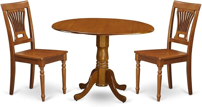 East West Furniture DLPL3-SBR-W Dublin 3 Piece Set for Small Spaces Contains a Round Dining Room Table with Dropleaf and 2 Wood Seat Chairs, 42x42 Inch - LeafyLoom