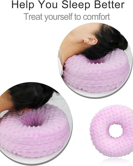 Washable Ear Piercing Pillow with Removable Pillowcase Donut Pillows Hole for Ear Pain Relief CNH Sleeping Pressure Sore Side Sleepers Ear Guard Protector Cover (Minky Dot Lavender) - LeafyLoom