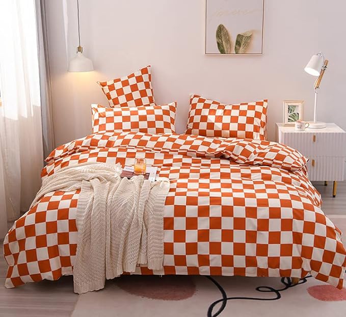 Orange White Grid Comforter Set Queen Burnt Orange Plaid Bedding Set Women Reddish and White Checkered Bed Comforter Set Breathable Blanket Set Men Durable Bedding Comforter Set - LeafyLoom