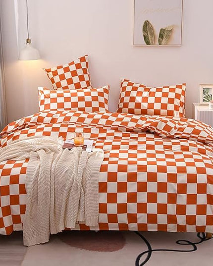 Orange White Grid Comforter Set Full Burnt Orange Plaid Bedding Set Girls Reddish and White Checkered Bed Comforter Set Breathable Blanket Set Kids Durable Bedding Comforter Set - LeafyLoom
