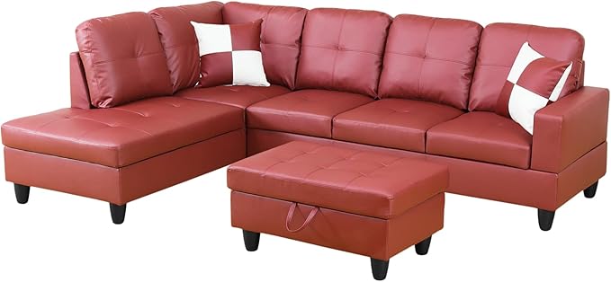 ROOMTEC Button L Shape 3 Piece Sectional Sofa Set, Upholstered Corner Couch with Storage Ottoman, Faux Leather Tufted Cushions, for Living Room, Apartment, Red, 103inch, Pink w/Left Chaise Lounge - LeafyLoom