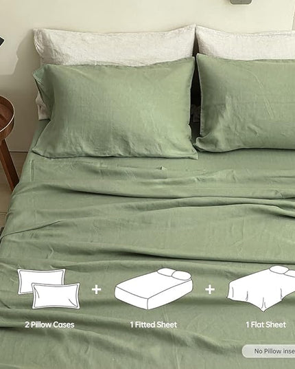 Simple&Opulence 100% Linen Sheet Set Solid Color-4 Pcs Washed French Linen Bed Sheets(1 Flat Sheet,1 Fitted Sheet,2 Pillowcases)-Breathable Bedding Set (Sage Green, Queen) - LeafyLoom