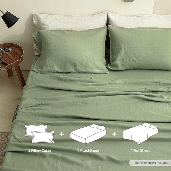 Simple&Opulence 100% Linen Sheet Set Solid Color-4 Pcs Washed French Linen Bed Sheets(1 Flat Sheet,1 Fitted Sheet,2 Pillowcases)-Breathable Bedding Set (Sage Green, Queen) - LeafyLoom