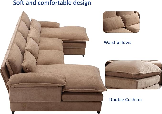 Symmetrical Modular Sectional Sofa with Chaise Lounge, 6 Seater Fabric Upholstered Cloud Couch, U Shaped Oversized Sleeper Sofa&Couches with Thicked Cushion & Detackable Backrest Living Room - LeafyLoom