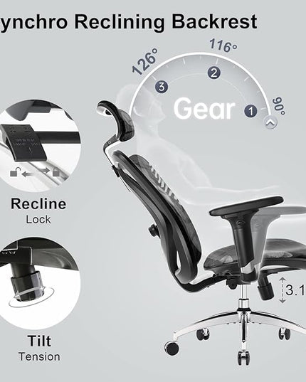 SIHOO M57 Ergonomic Office Chair with 3 Way Armrests Lumbar Support and Adjustable Headrest High Back Tilt Function Black - LeafyLoom
