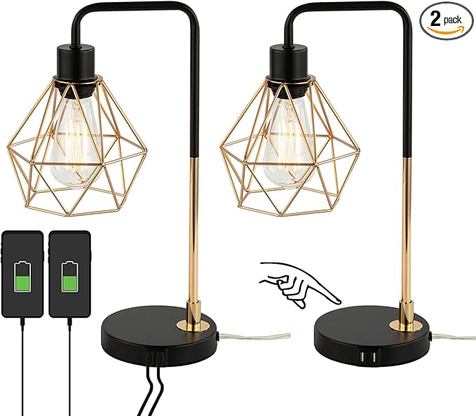 COTULIN Set of 2 Touch Control Black Gold Table Lamp,Modern Industrial Desk Lamp with 2 USB Charging Ports,3-Way Dimmable Bedside Nightstand Cage Reading Lamp for Bedroom Living Room Office Study - LeafyLoom