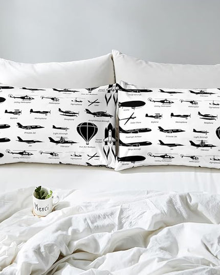 Erosebridal Airplane Comforter Set Full,Black White Airplanes Bedding Set Space Rocket Aircraft Down Comforter for Boys Kids Teens Room Decor,Helicopter Biplane Quilt Duvet Sets with 2 Pillow Cases - LeafyLoom