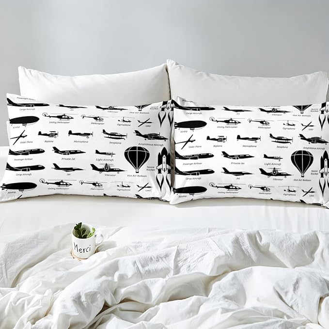 Erosebridal Airplane Comforter Set Full,Black White Airplanes Bedding Set Space Rocket Aircraft Down Comforter for Boys Kids Teens Room Decor,Helicopter Biplane Quilt Duvet Sets with 2 Pillow Cases - LeafyLoom