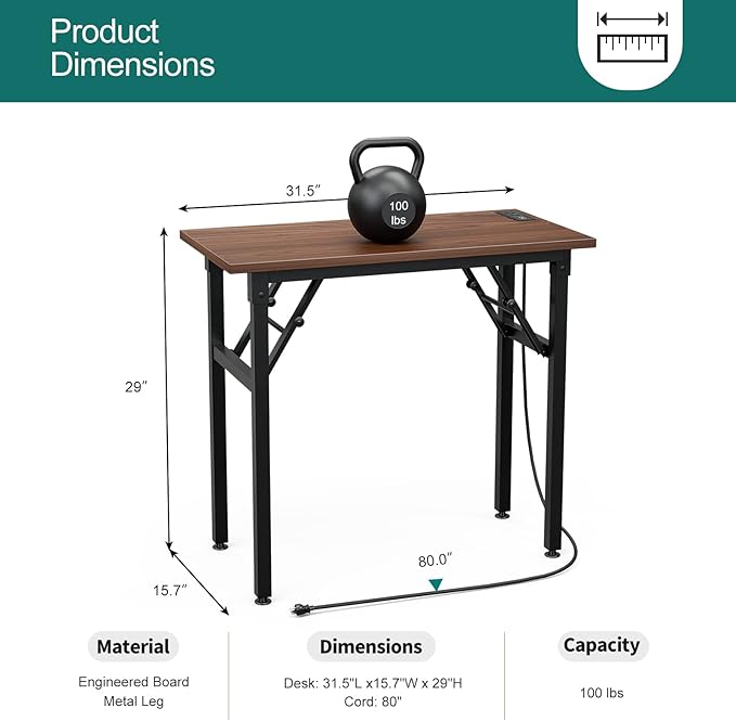 TEMI Computer Desk with Power Outlet - Portable Small with USB Ports, Durable Construction. Perfect Writing Desk, Study Table, and Office Table for Compact Spaces. Work Desk for Home Office Use. - LeafyLoom
