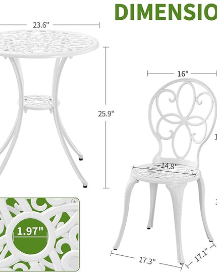 3 Piece Cast Aluminum White Bistro Set Outdoor Bistro Table and Chairs Set of 2,Metal Bistro Patio Table Set with Umbrella Hole,Patio furniture Set for Garden,Front Porch. - LeafyLoom