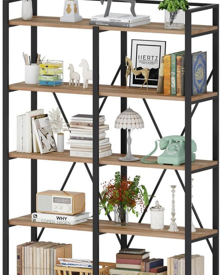 BON AUGURE Industrial Bookshelves and Bookcases, 5 Tier Heavy Duty Etagere Shelving Unit, Farmhouse Rustic Wood Metal Book Shelves for Office, Living Room and Bedroom (Vintage Oak, 43.31 inch Wide) - LeafyLoom